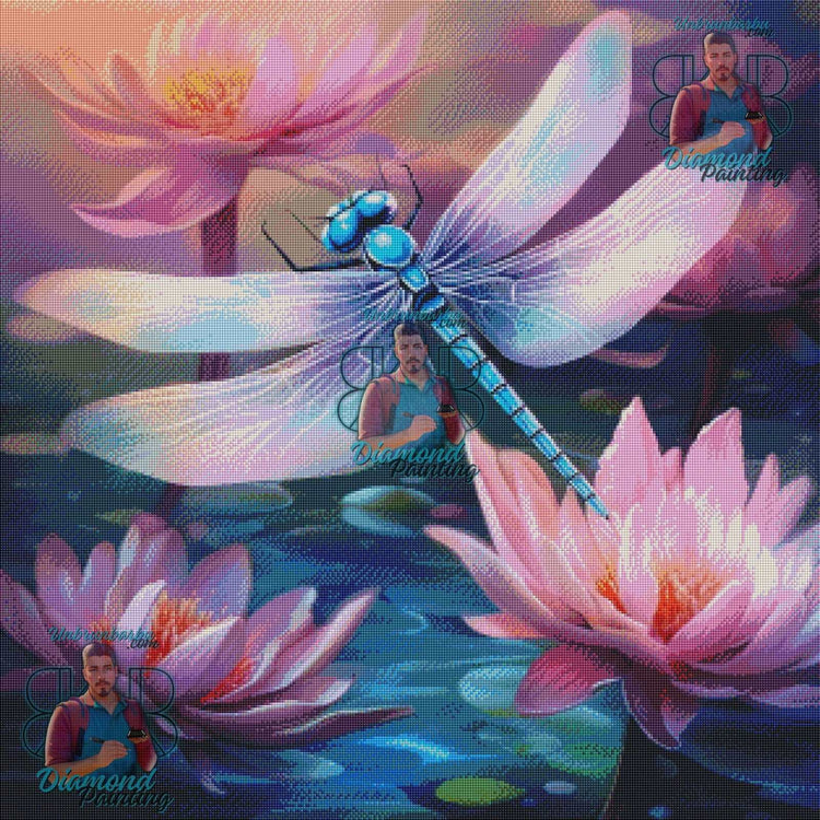 Vol en Harmonie, Libellule au - dessus des Nénuphars. (80cm x 80cm). - UnBrunBarbu