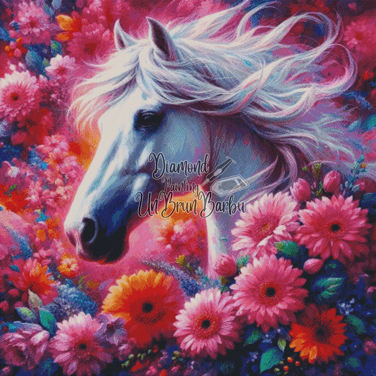 Cheval Féérique au Cœur des Fleurs (110cm x 110cm)