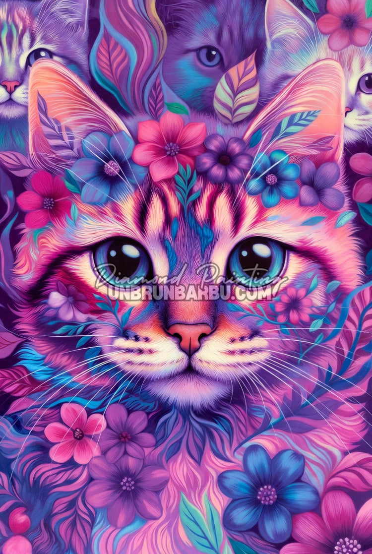 Diamond Painting - Chats Enchantés aux Fleurs Vibrantes (60cm x 90cm)