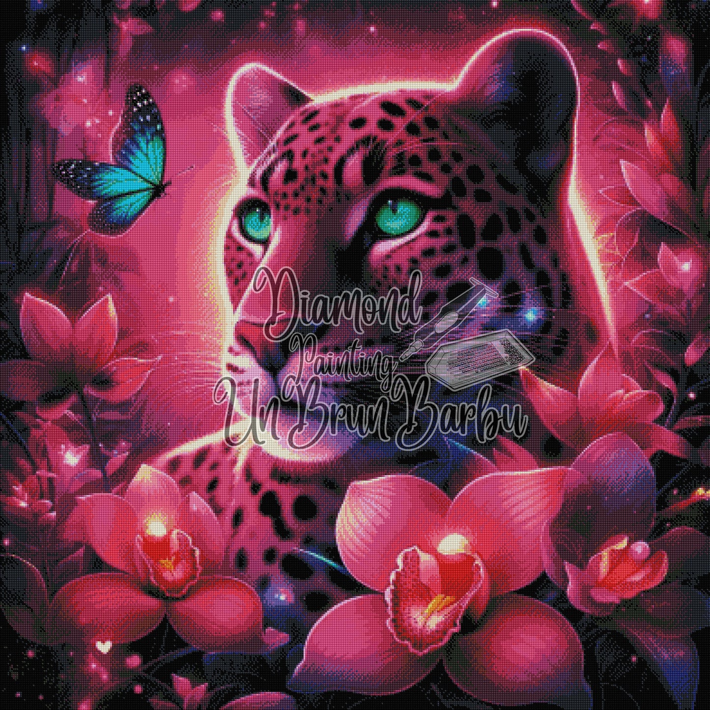 Léopard Fuchsia et le Papillon Turquoise (100cm x 100cm)