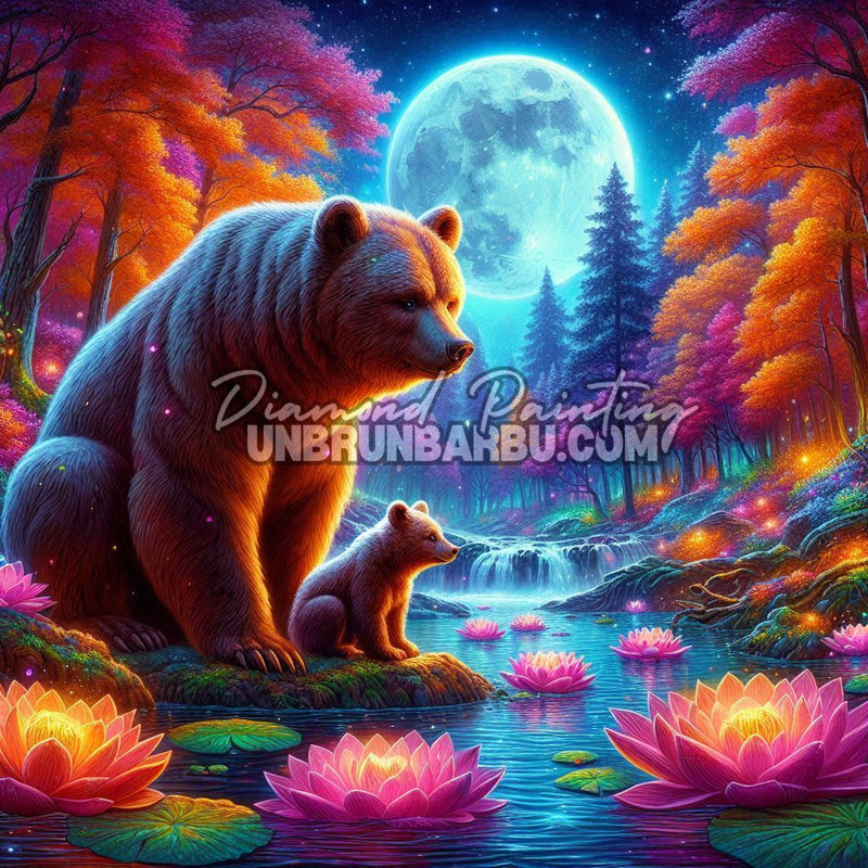 Mère et Ourson sous la Lune Bleue (120cm x 120cm)