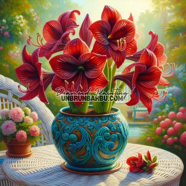 Amaryllis Rouge en Pot Turquoise (90cm x 90cm) - UnBrunBarbu