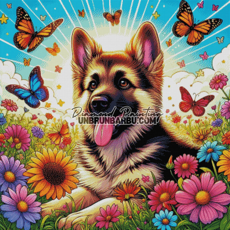 Berger Allemand au Jardin des Rêves (90cm x 90cm) - UnBrunBarbu