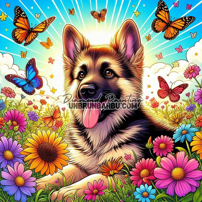Berger Allemand au Jardin des Rêves (90cm x 90cm) - UnBrunBarbu
