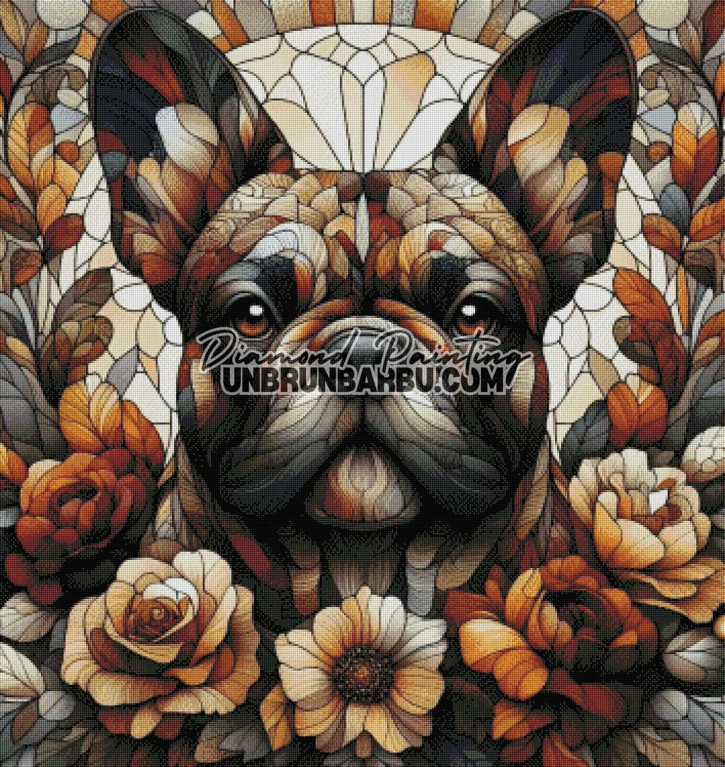 Bouledogue français en fleurs d’automne (90cm x 95cm) - UnBrunBarbu