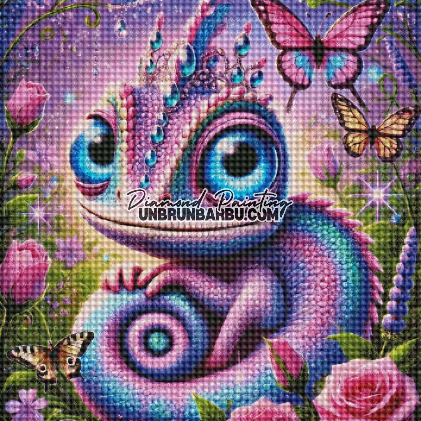 Caméléon et le Jardin des Papillons (90cm x 90cm) - UnBrunBarbu