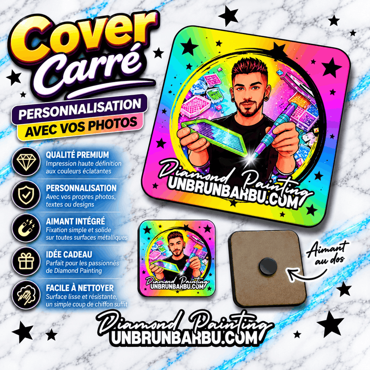 Coverminder carré personnalisé avec photo pour Diamond Painting UnBrunBarbu, impression haute définition multicolore, coins arrondis et aimant intégré au dos. Vue avant et arrière de cet accessoire magnétique personnalisable.