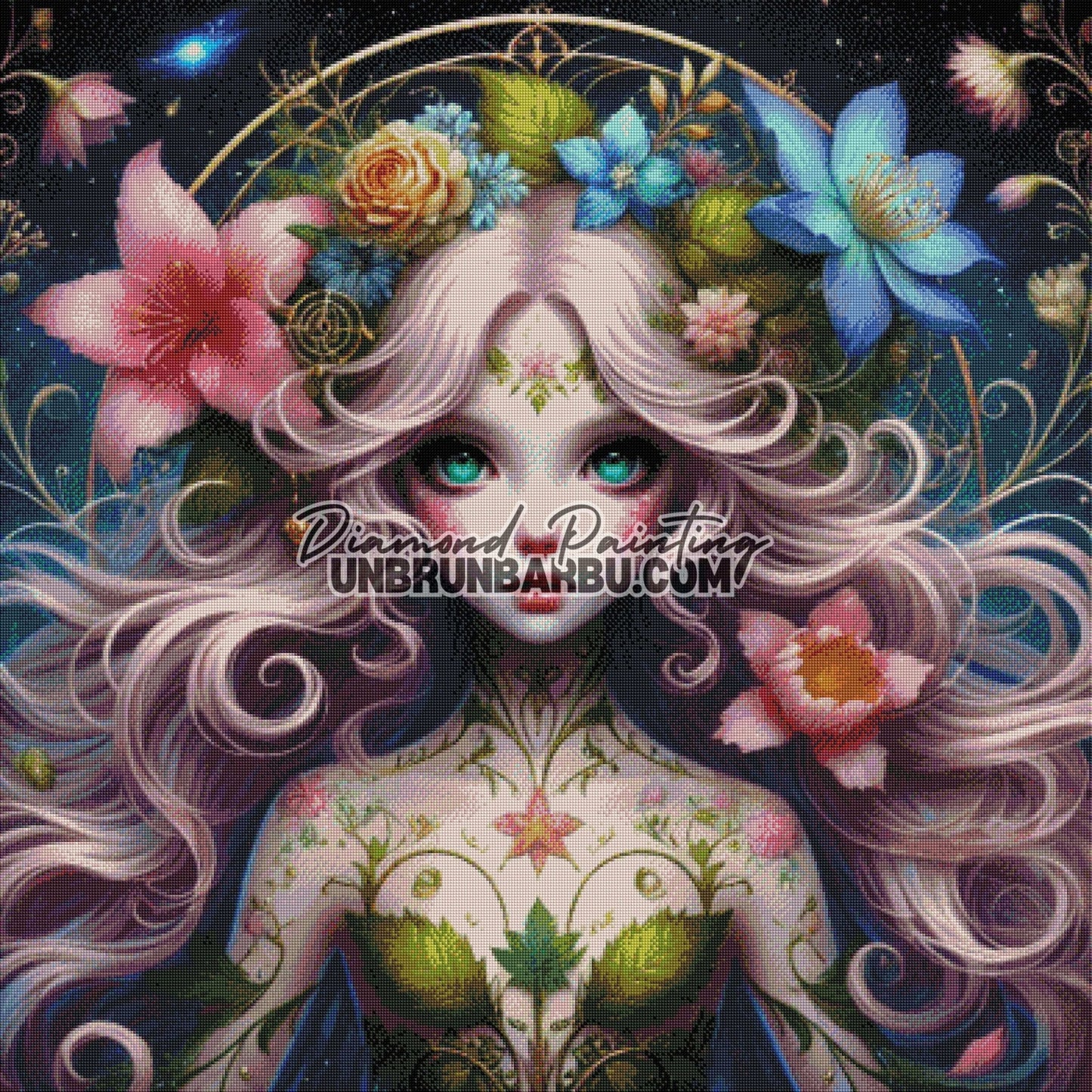 Déesse des Fleurs Étoilées (100cm x 100cm) - UnBrunBarbu