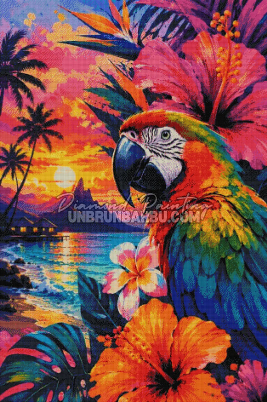 Rendu diamanté du Diamond Painting Ara Gardien du Lagon 80x120 cm avec perroquet, fleurs tropicales et lagon
