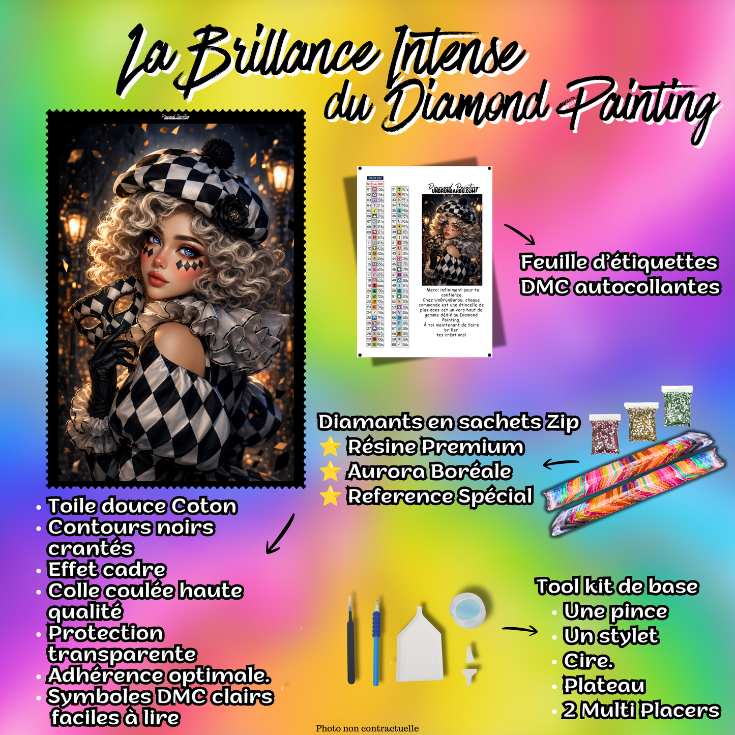 Kit complet Diamond Painting L’Arlequine au Masque Noir 70x105 cm avec toile coton, diamants Premium et accessoires