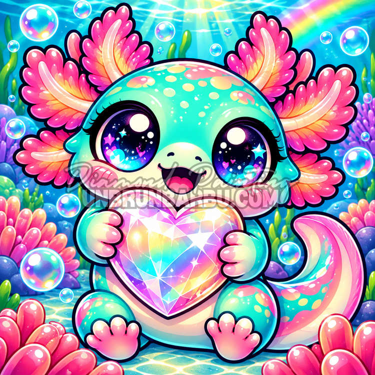 Diamond Painting Axolotl au Coeur Precieux 60x60 cm avec coeur arc-en-ciel, branchies roses et bulles