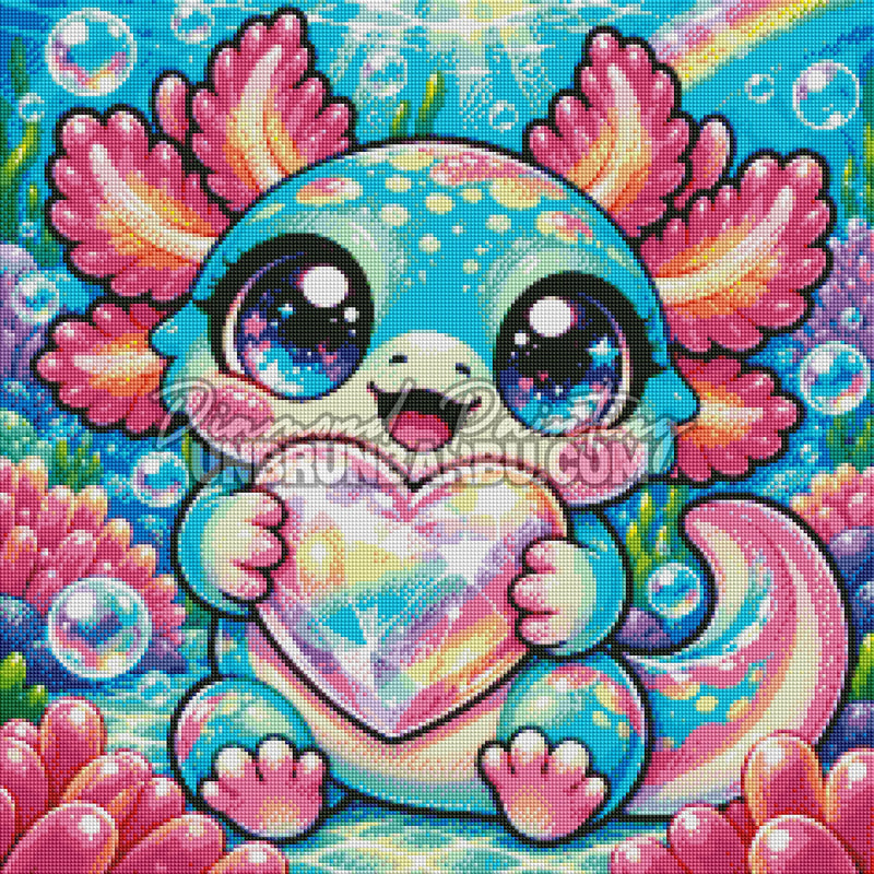 Rendu en Cristaux du Diamond Painting Axolotl au Coeur Precieux 60x60 cm avec lagon turquoise et coraux roses