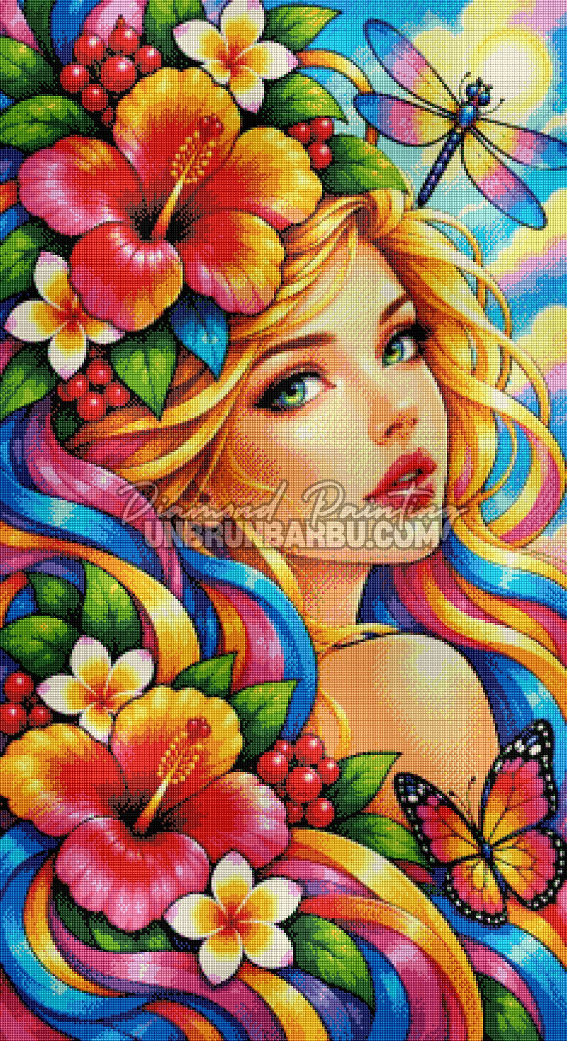 Rendu diamanté du Diamond Painting Beauté Hibiscus Flamboyants 60x110 cm aux cheveux multicolores