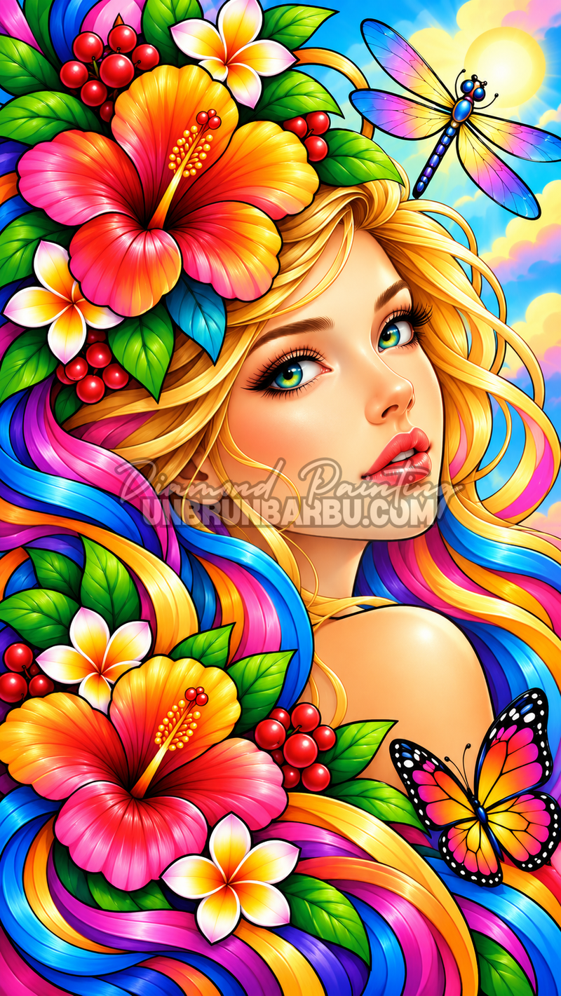 Diamond Painting Beauté Hibiscus Flamboyants 60x110 cm avec portrait féminin, fleurs tropicales et papillons