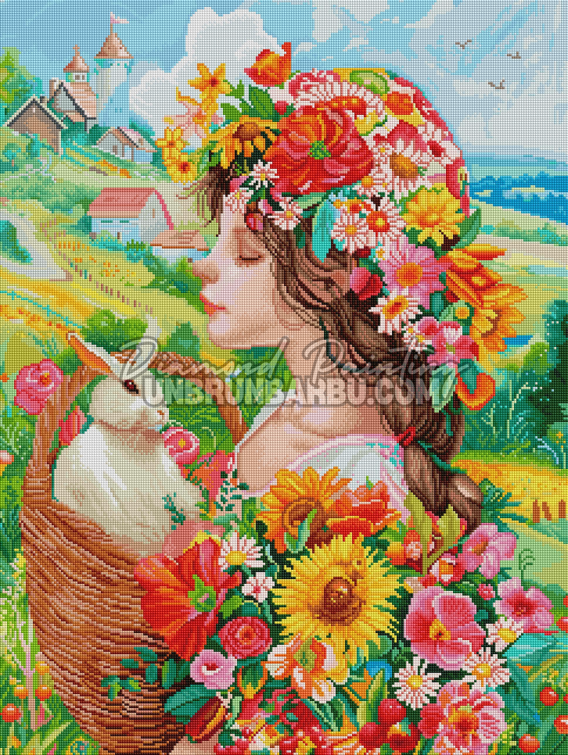 Rendu diamante du Diamond Painting Belle du Printemps et son Lapin 60x80 cm avec portrait fleuri et panier