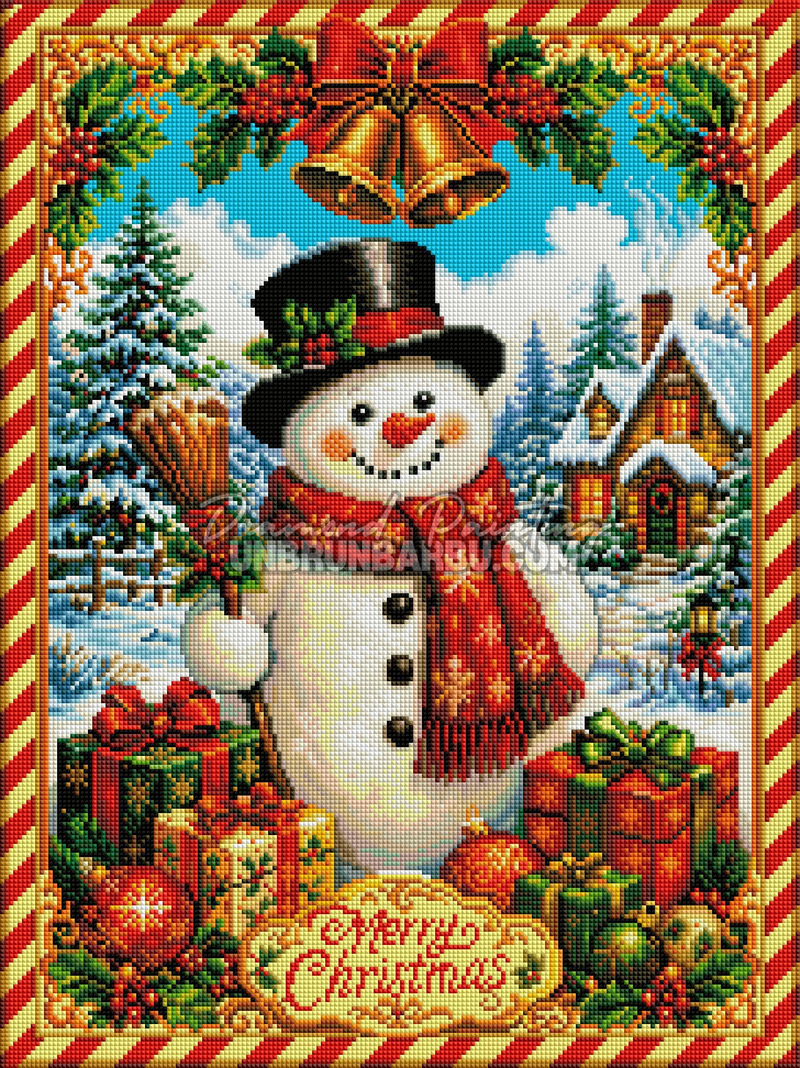 Rendu diamanté du Diamond Painting Bonhomme de Neige aux Cadeaux 45x60 cm avec écharpe rouge et sapins