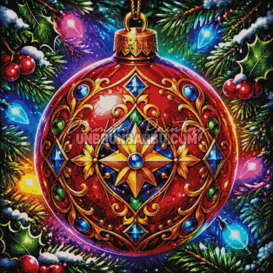 Rendu diamanté du Diamond Painting Boule de Noël Précieuse 80x80 cm avec ornement rouge, gemmes et guirlandes lumineuses