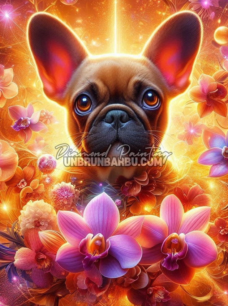 illustration diamond painting bouledogue fleurs orchidees lumiere doree