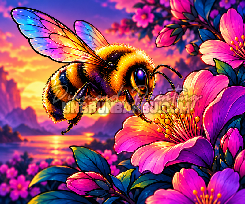 Diamond Painting Bourdon Ailes Arc-en-Ciel 80x70 cm avec grandes fleurs roses et coucher de soleil sur le lac