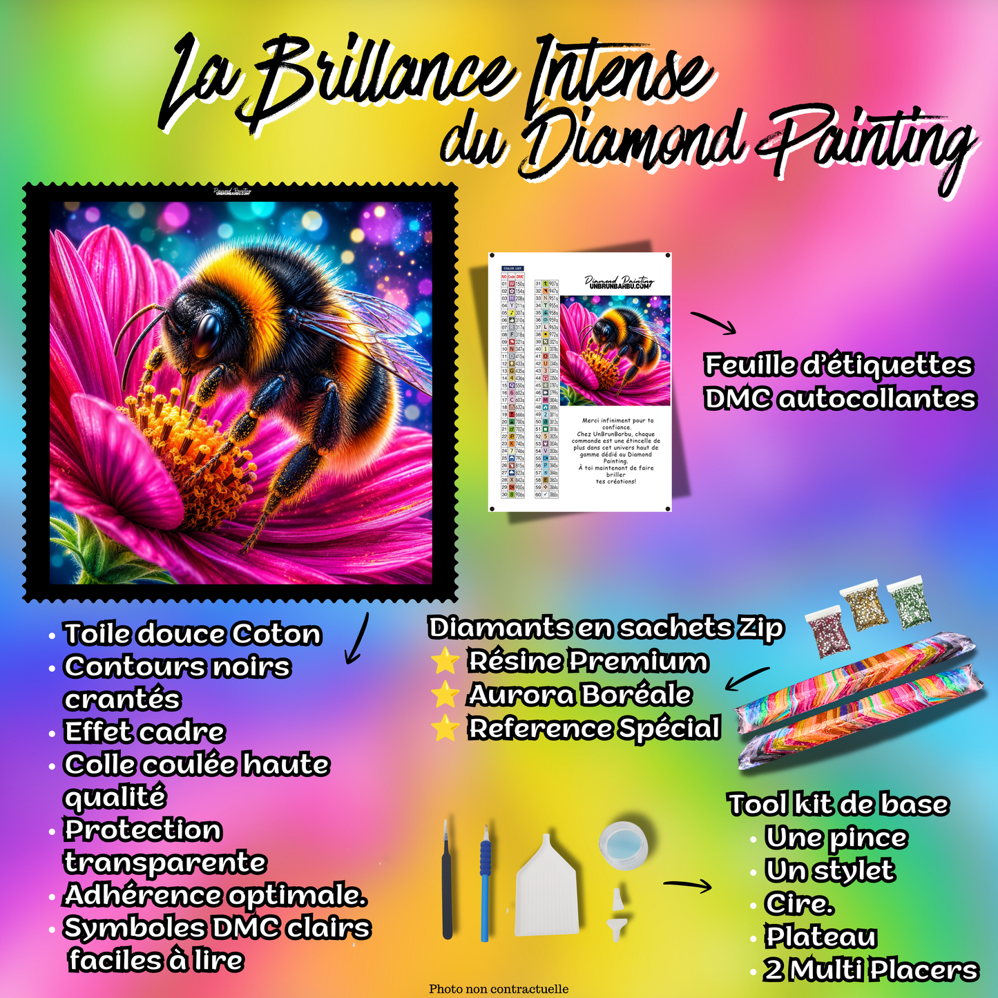 Kit premium Diamond Painting Bourdon sur Fleur Magenta avec toile coton, diamants en sachets zip, étiquettes DMC et accessoires