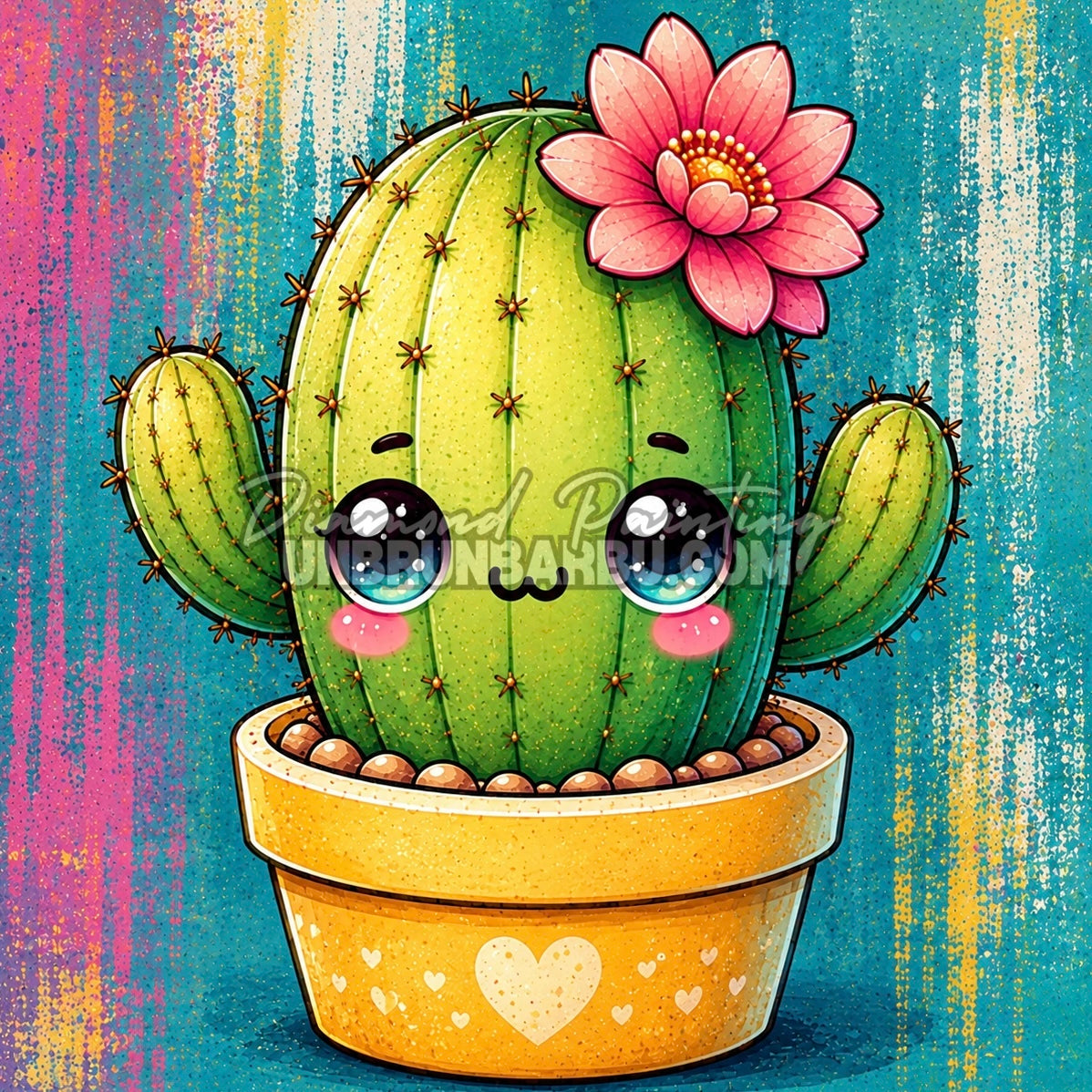 Diamond Painting cactus kawaii vert avec fleur rose et pot jaune sur fond turquoise 40x40 cm