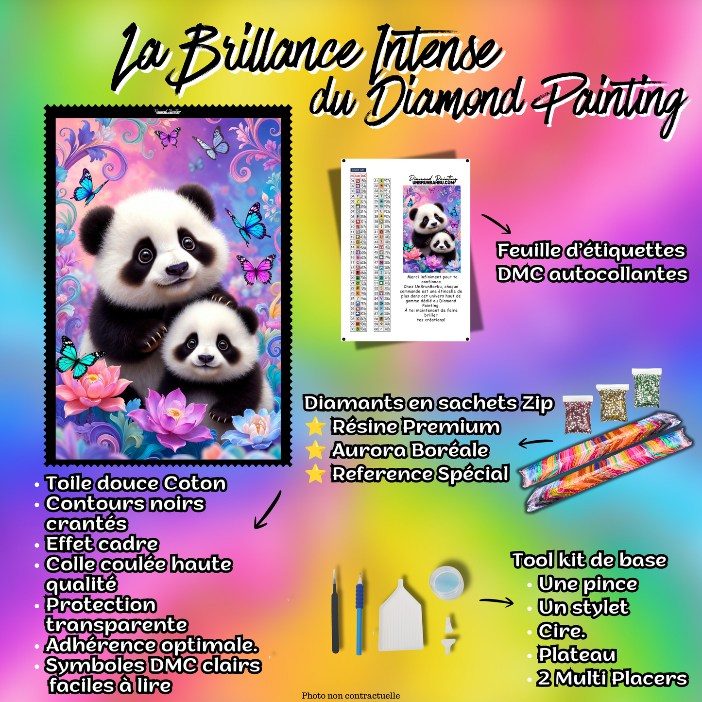 Kit Diamond Painting Premium Câlin de Pandas avec toile coton, diamants en sachets zip, accessoires et feuille DMC