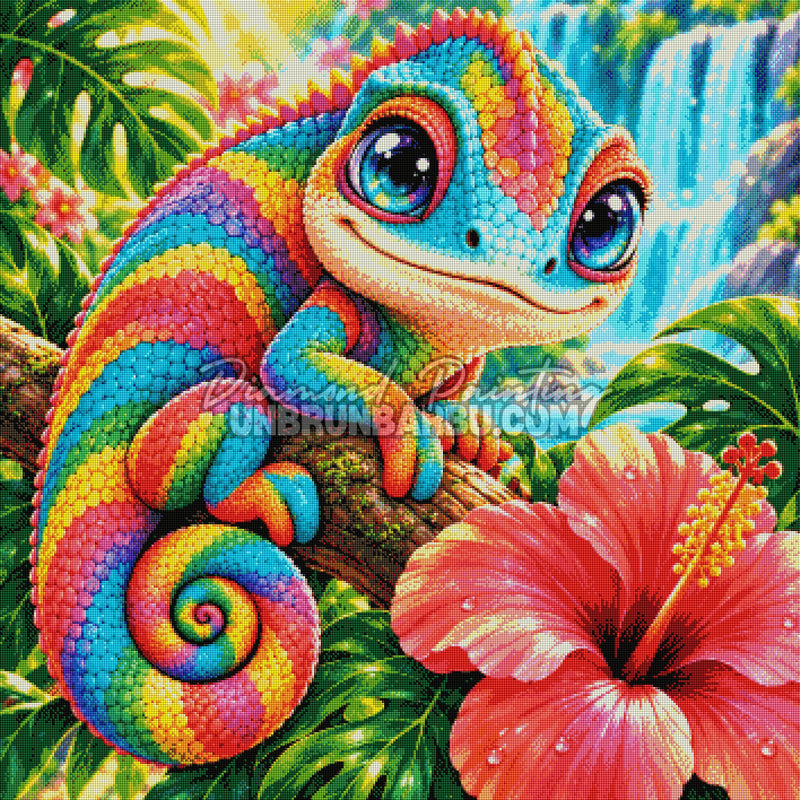 Rendu diamanté du Diamond Painting Caméléon Tropical 90x90 cm avec écailles multicolores et jungle