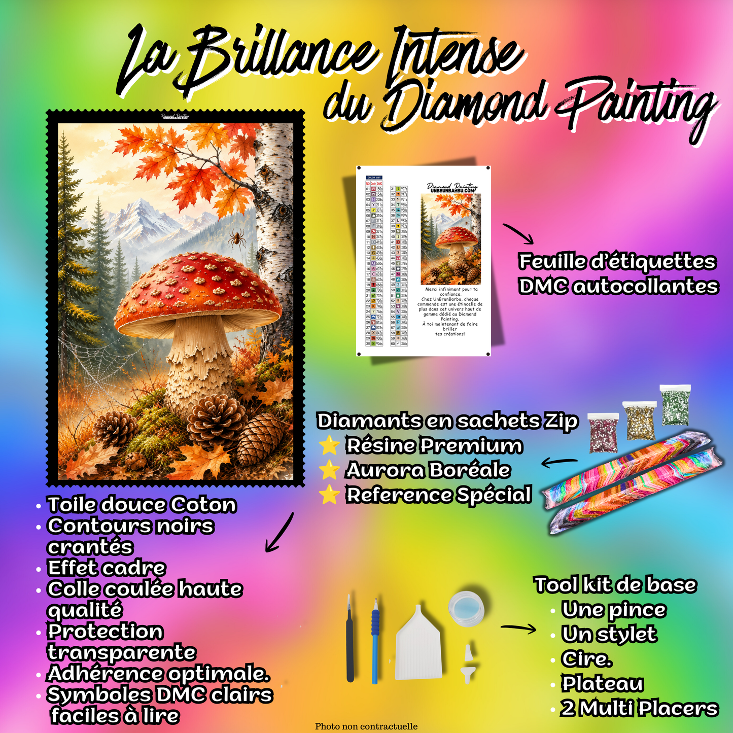 Kit complet Diamond Painting Champignon aux Couleurs d’Automne 50x70 cm avec diamants Premium et accessoires