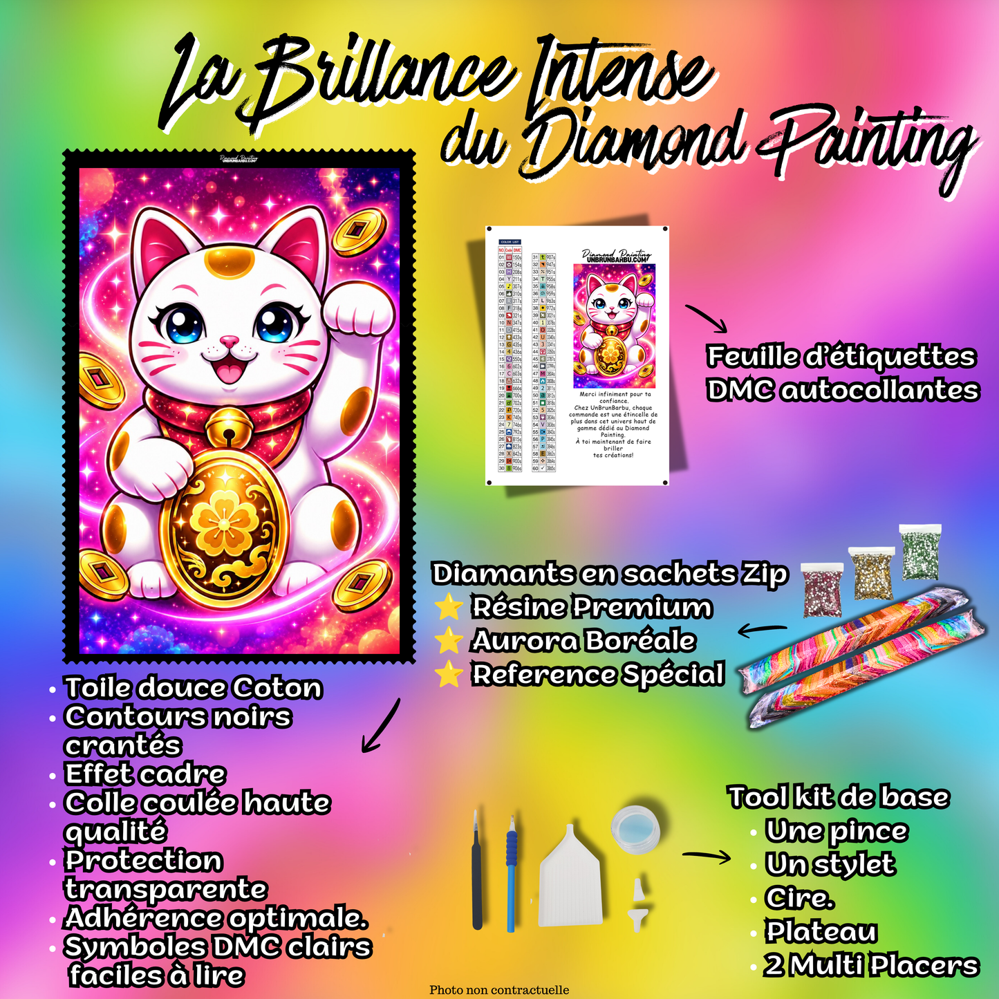 Kit premium Diamond Painting Chat des Mille Bonheurs avec toile coton, diamants en sachets zip, étiquettes DMC et accessoires
