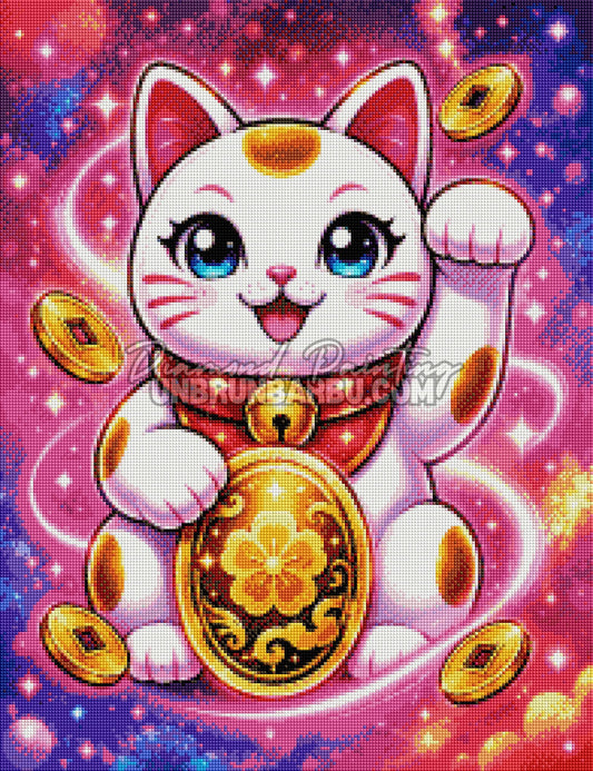 Layout Diamond Painting Chat des Mille Bonheurs 50x65 cm avec aperçu diamanté du chat kawaii et des pièces dorées