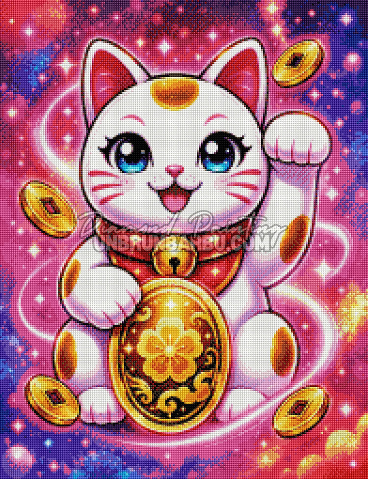Layout Diamond Painting Chat des Mille Bonheurs 50x65 cm avec aperçu diamanté du chat kawaii et des pièces dorées