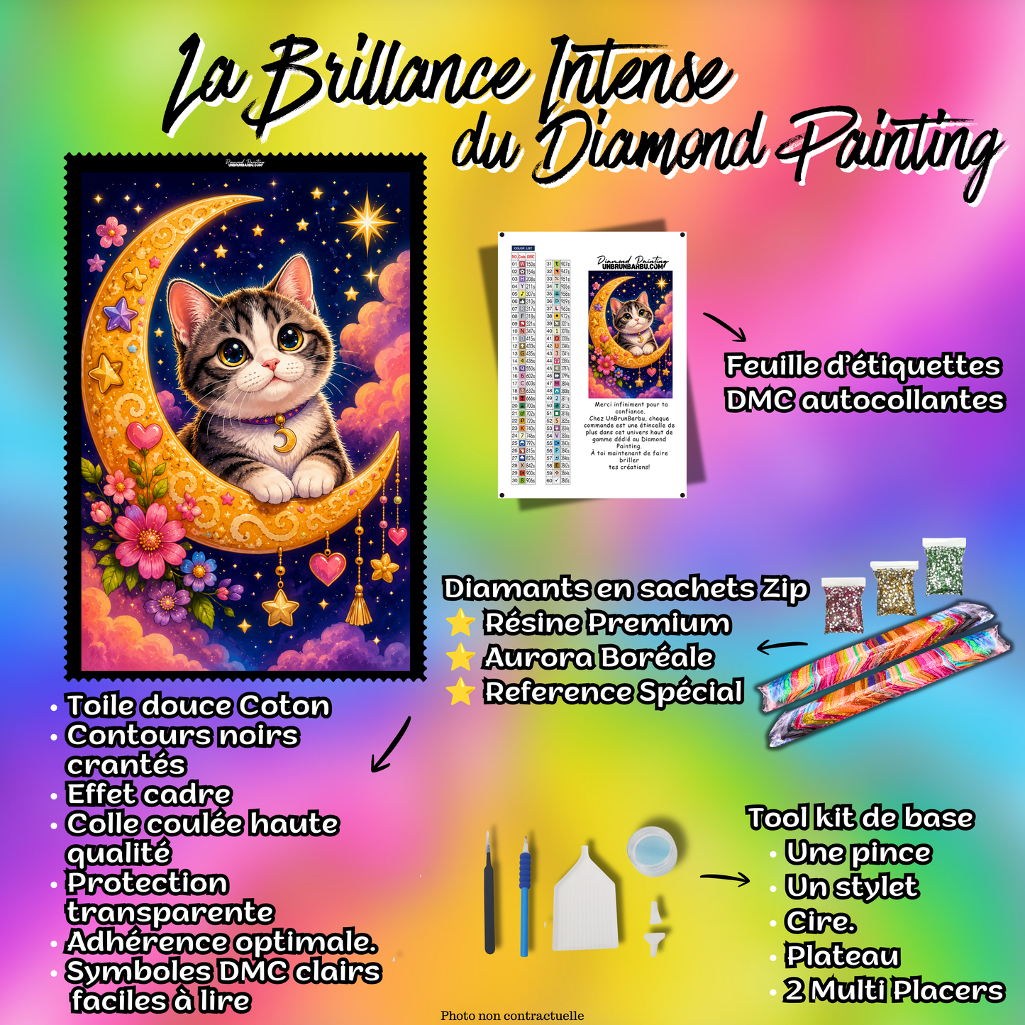 Kit complet Diamond Painting Chat Prince de la Lune 60x90 cm avec toile coton, diamants Premium et accessoires