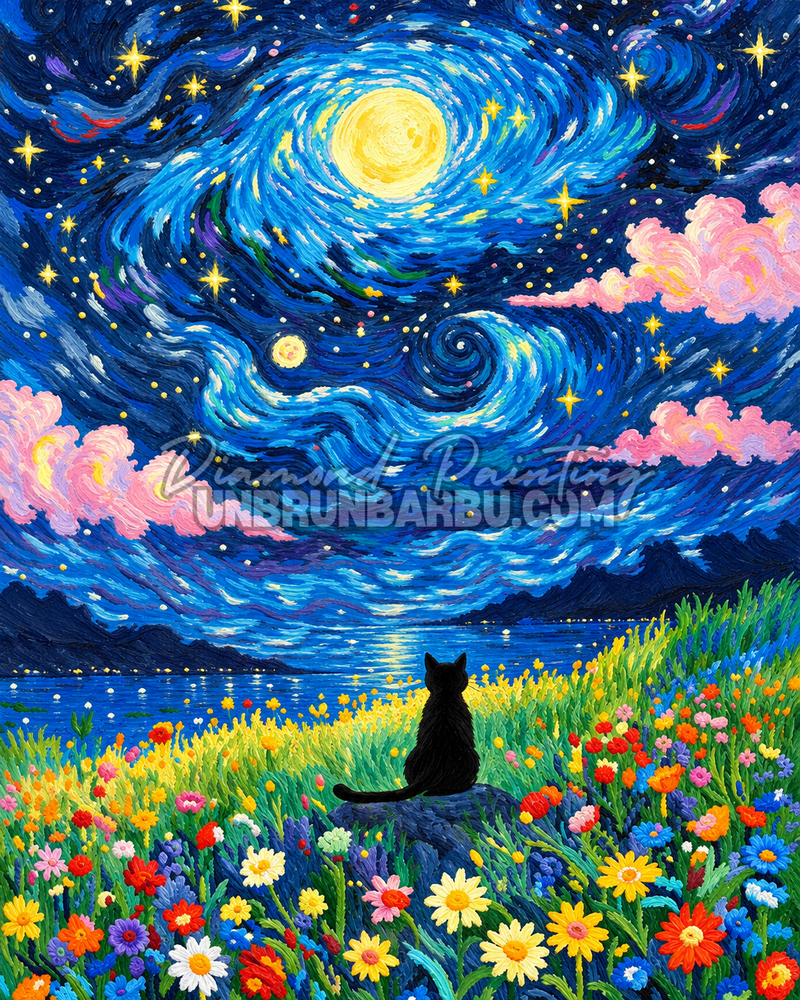 Diamond Painting Chat sous la Nuit Étoilée 40x50 cm, chat noir dans un champ fleuri sous un ciel bleu étoilé