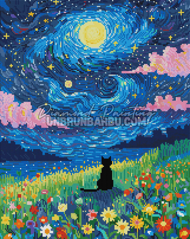 Aperçu du rendu en diamants carrés du Diamond Painting Chat sous la Nuit Étoilée 40x50 cm