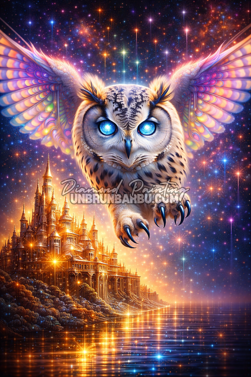 illustration diamond painting chouette magique ailes lumineuses