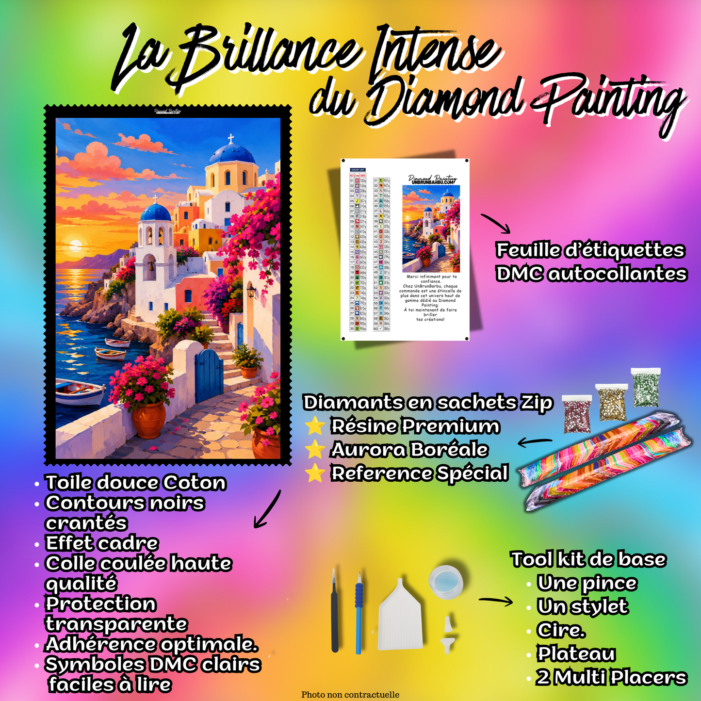 Kit Premium Diamond Painting Coucher de Soleil à Santorin avec toile coton, diamants, accessoires et feuille DMC