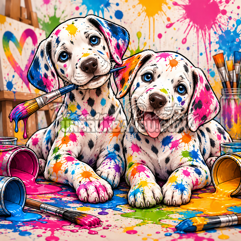 Diamond Painting Dalmatiens aux Mille Couleurs 80x80 cm avec deux chiots, pinceaux et peinture coloree