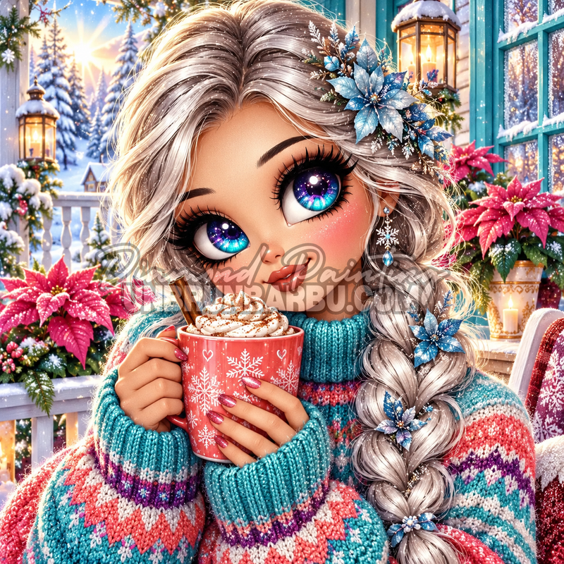 Diamond Painting Demoiselle et Tasse des Jours d Hiver 100x100 cm avec tresse argentee et boisson chaude