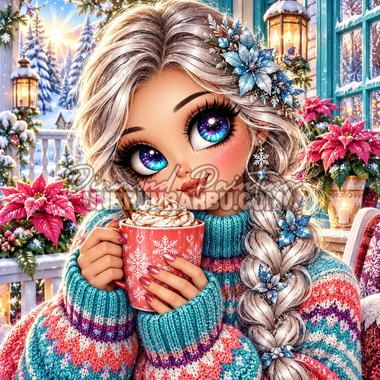 Diamond Painting Demoiselle et Tasse des Jours d Hiver 100x100 cm avec tresse argentee et boisson chaude