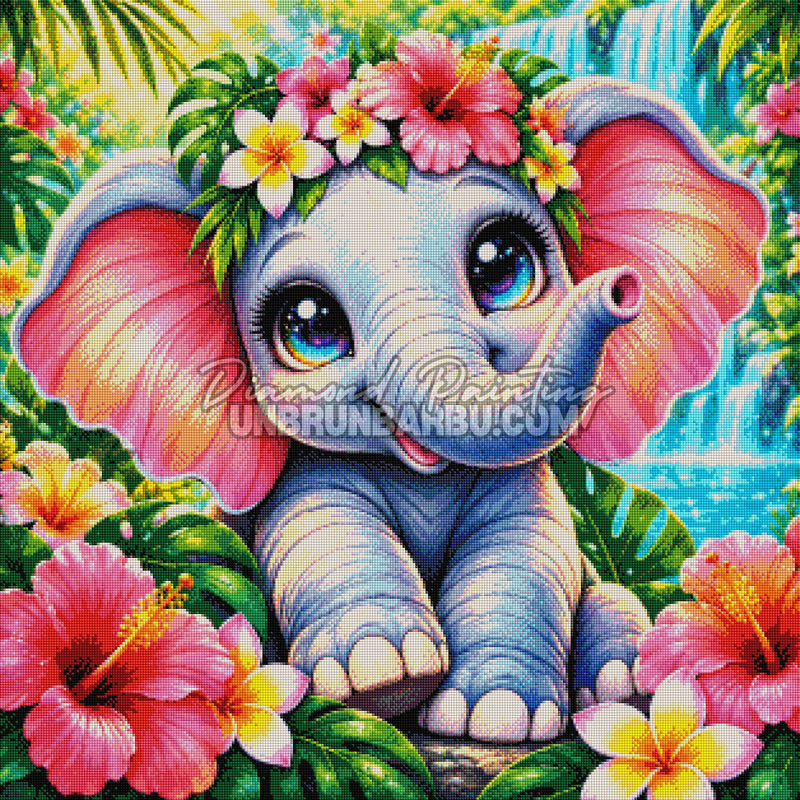 Rendu diamanté du Diamond Painting L’Éléphanteau du Jardin Tropical 80x80 cm avec fleurs exotiques
