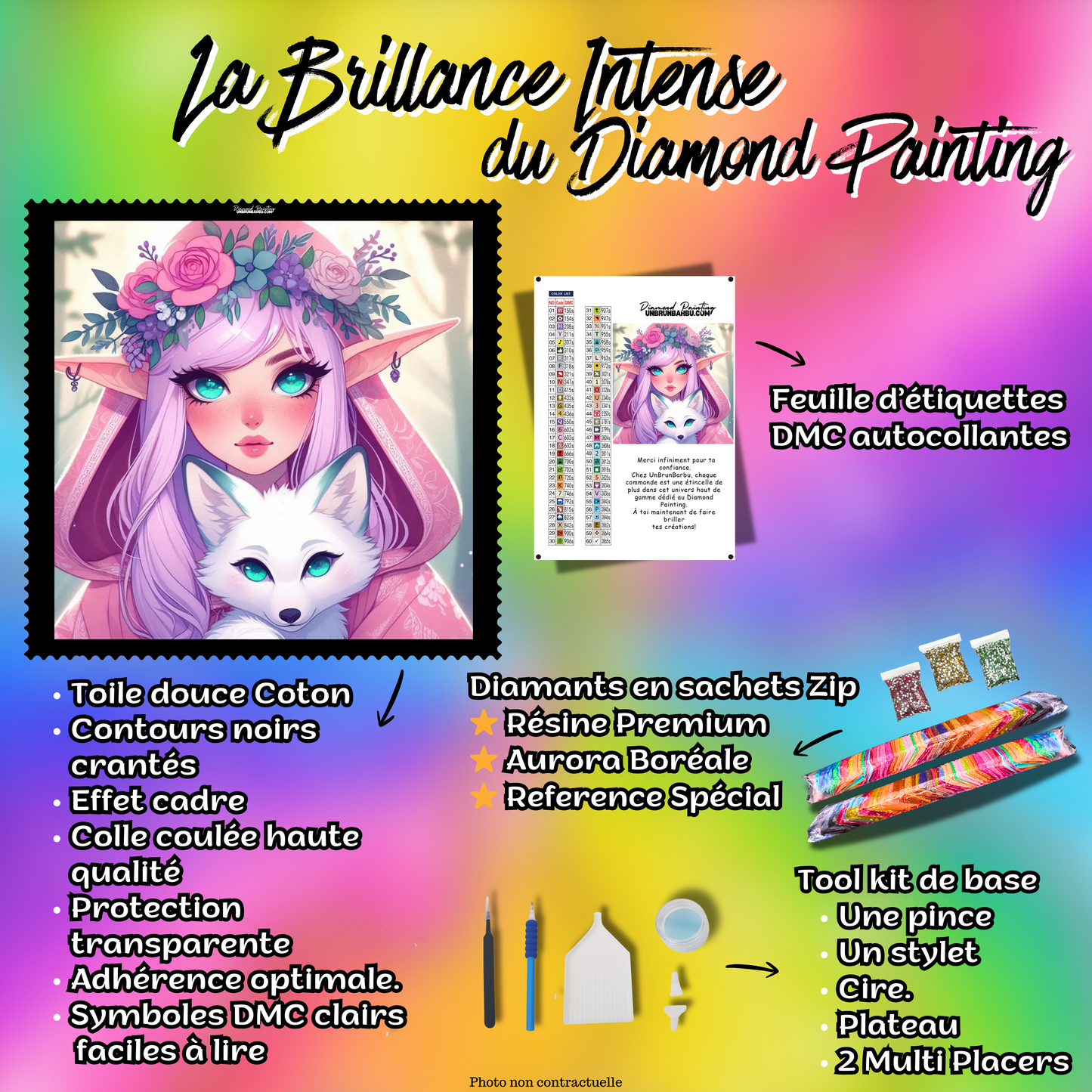 Kit complet du Diamond Painting Elfe du Renard Blanc 80x80 cm avec accessoires