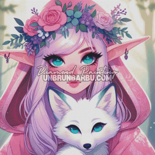 Rendu diamanté du Diamond Painting Elfe du Renard Blanc 80x80 cm