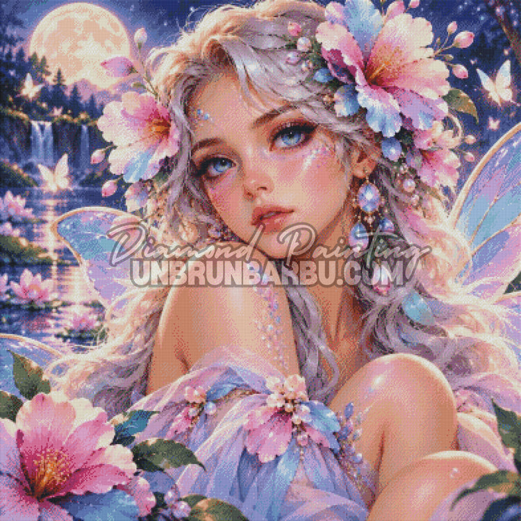 Rendu diamante du Diamond Painting Fee aux Fleurs de Lune 100x100 cm dans un jardin magique