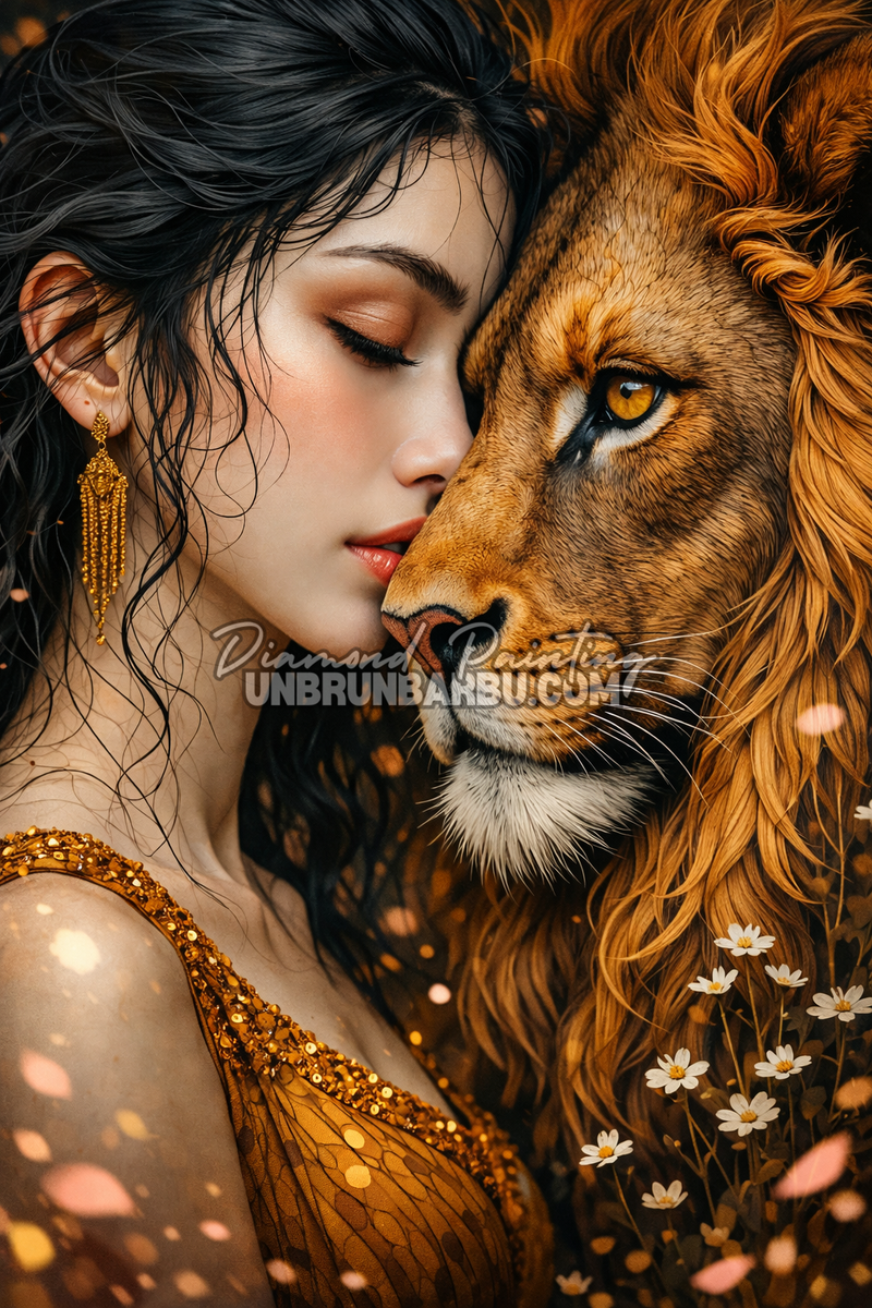 illustration diamond painting femme lion amour puissant