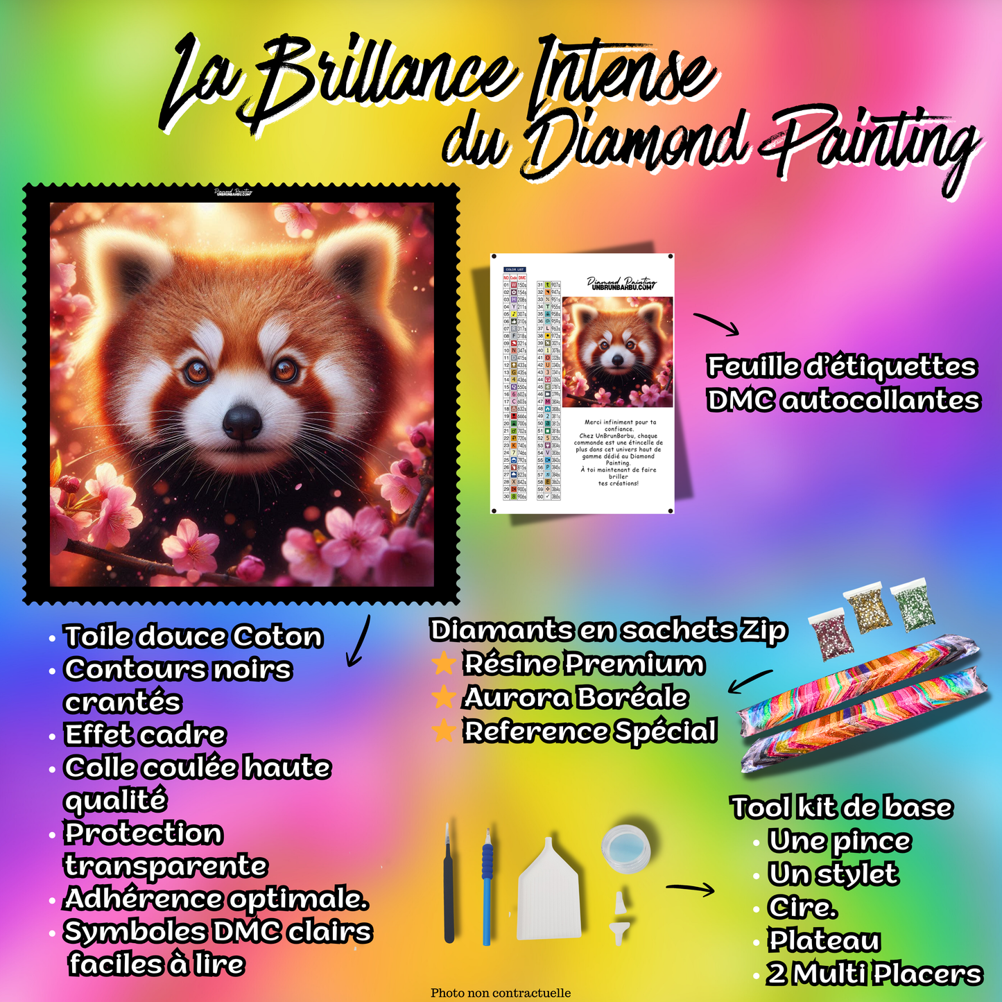 kit complet diamond painting fleur et ferocite panda roux 80x80