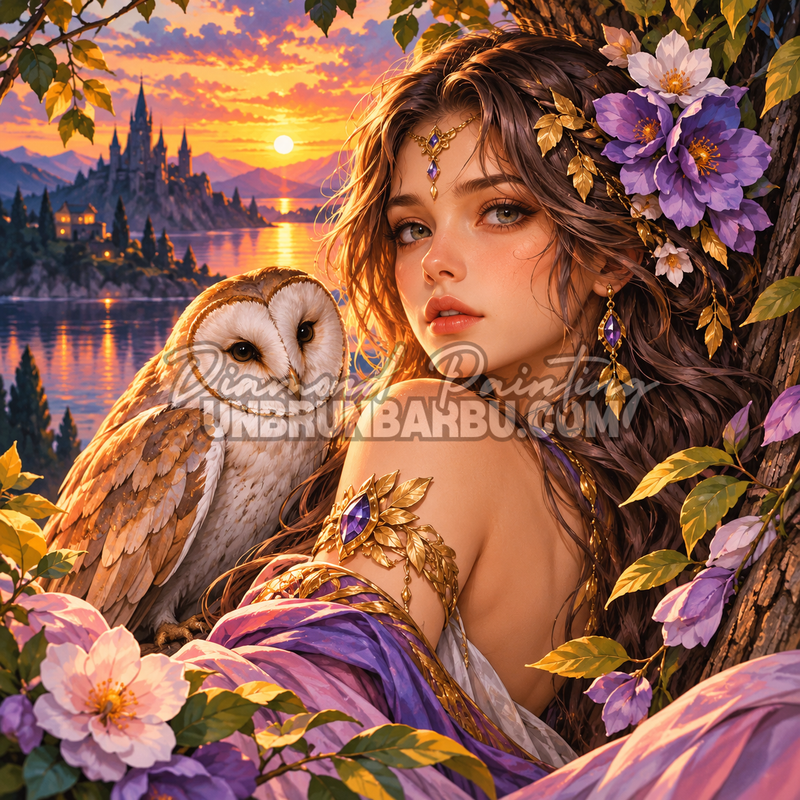 Diamond Painting Gardienne au Hibou d Or 110x110 cm avec chouette effraie, fleurs violettes et chateau