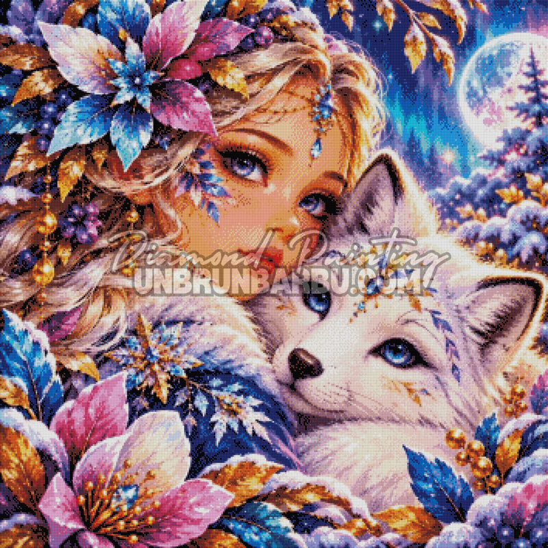 Rendu diamanté du Diamond Painting Gardienne du Loup des Neiges 90x90 cm sous une aurore boréale
