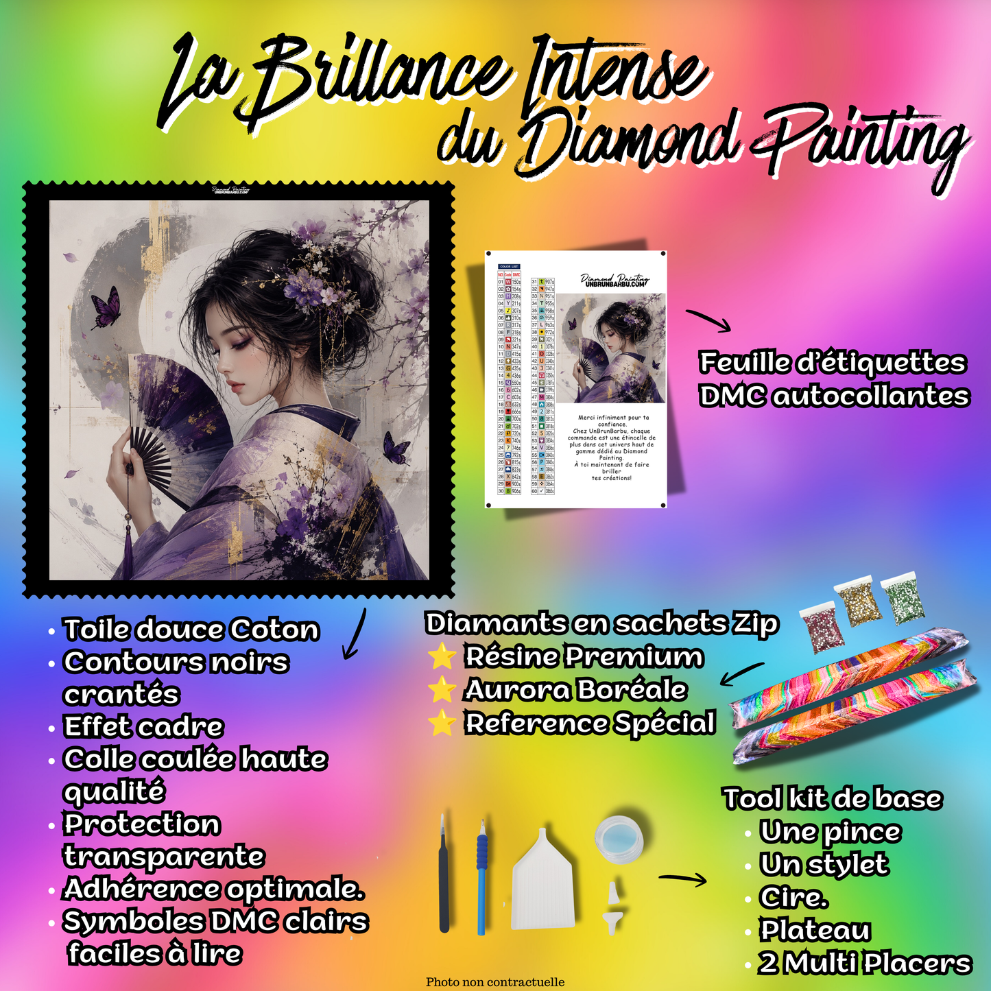 Kit premium Diamond Painting Geisha des Cerisiers Pourpres avec toile coton, diamants en sachets zip, accessoires et étiquettes DMC