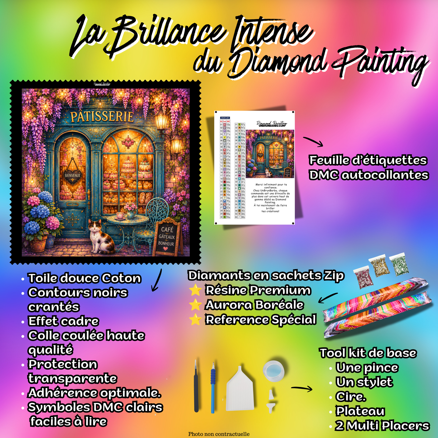 Kit complet Diamond Painting Un Goûter à la Pâtisserie 100x100 cm avec toile coton, diamants et accessoires