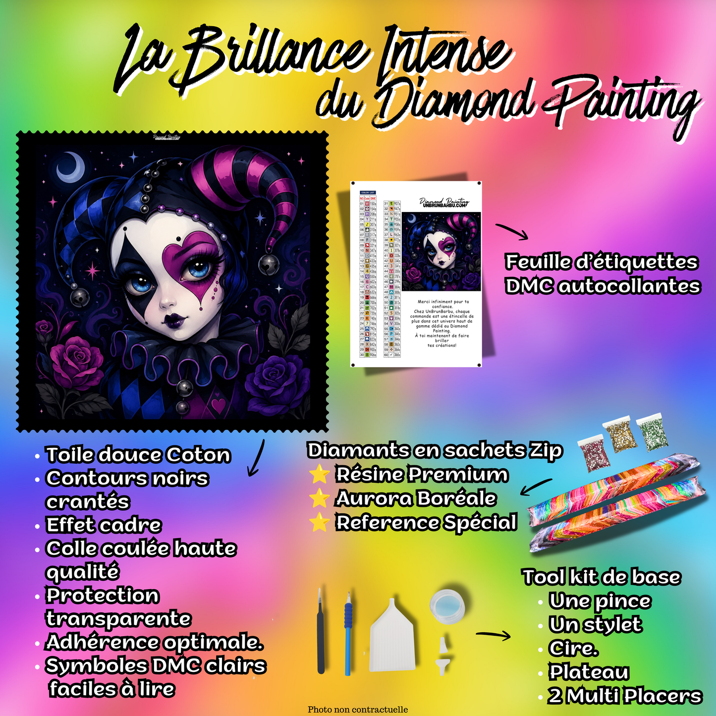 kit diamond painting harlequin bijou de nuit 100x100 cm contenu premium complet